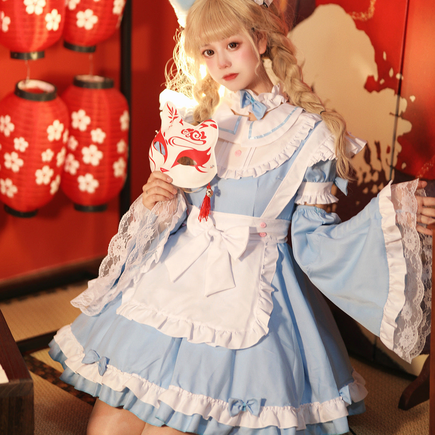 Blue Lolita Maid Costume with Removable Sleeves