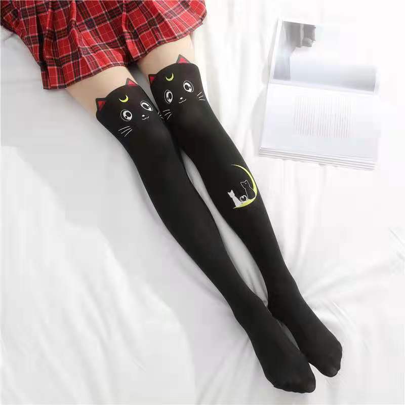 Japanese Cat High Socks Black One size